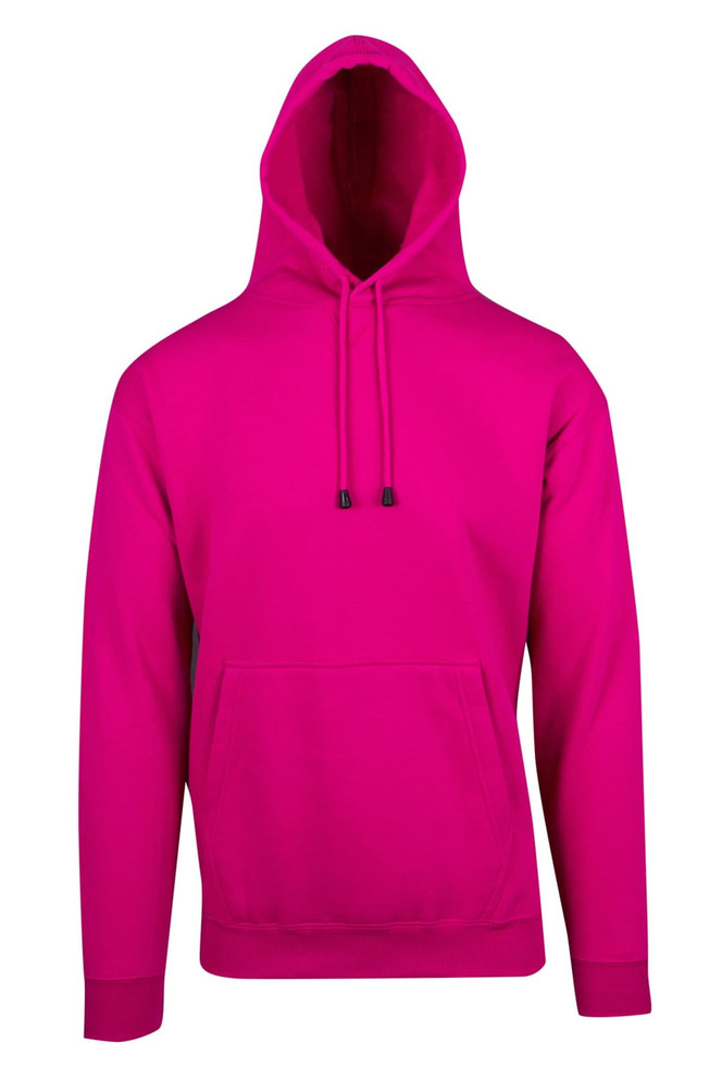 A bright pink men's hoodie with a kangaroo pocket and an adjustable drawstring hood. It features a logo on the front.