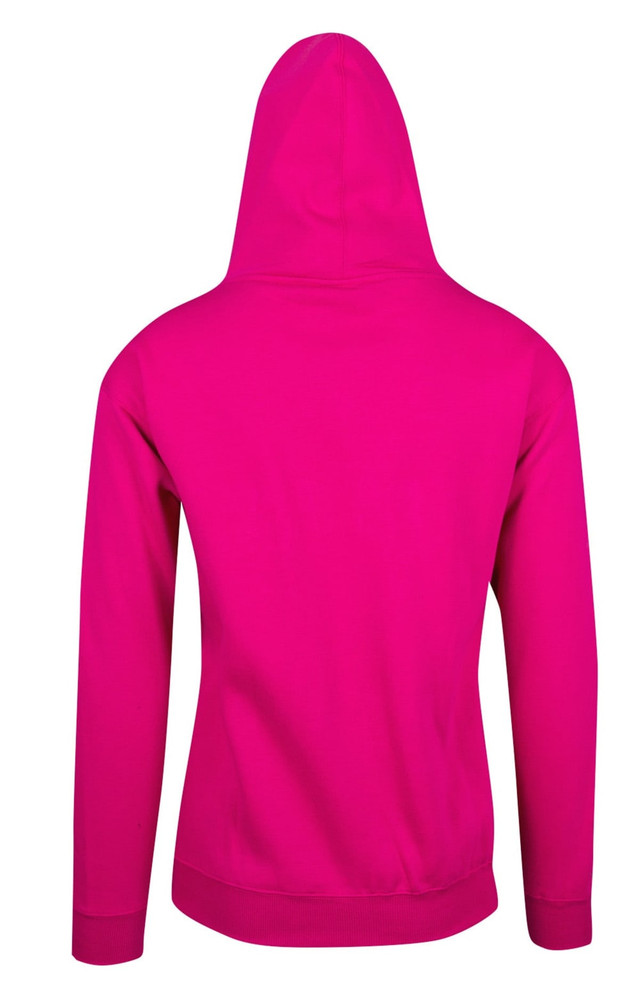 A vibrant pink men's hoodie featuring a kangaroo pocket and a hood. The back is smooth with no visible design.