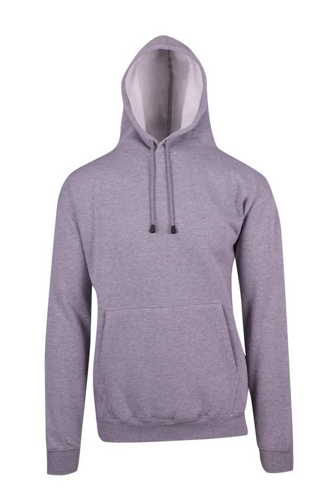 A grey men's hoodie with a kangaroo pocket and a drawstring hood, featuring a logo on the front.
