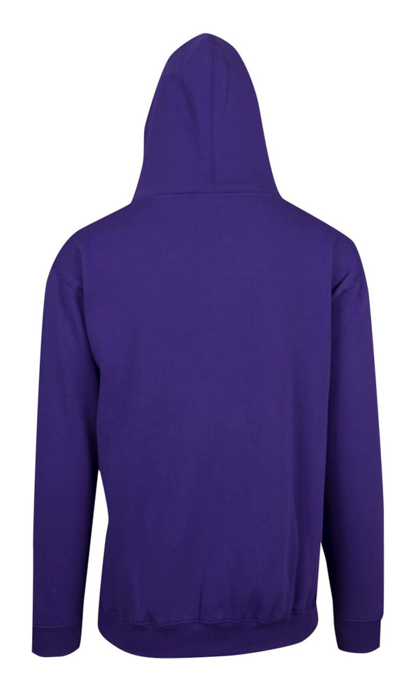 A purple hoodie with a kangaroo pocket and a hood, featuring a solid colour design.