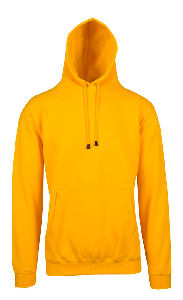 A yellow men's hoodie with a kangaroo pocket and an adjustable drawstring hood, featuring a logo.