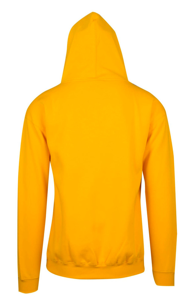 A yellow men's hoodie featuring a kangaroo pocket and a hood, with a plain rear view.