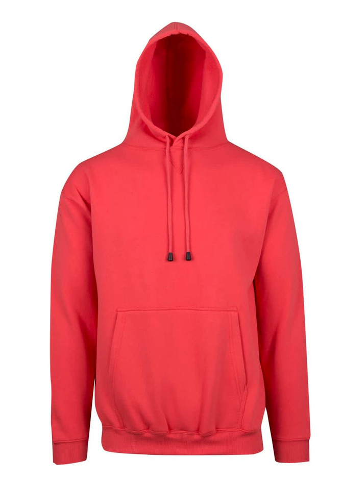 A red men's hoodie featuring a kangaroo pocket and a drawstring hood. It includes a brand logo.