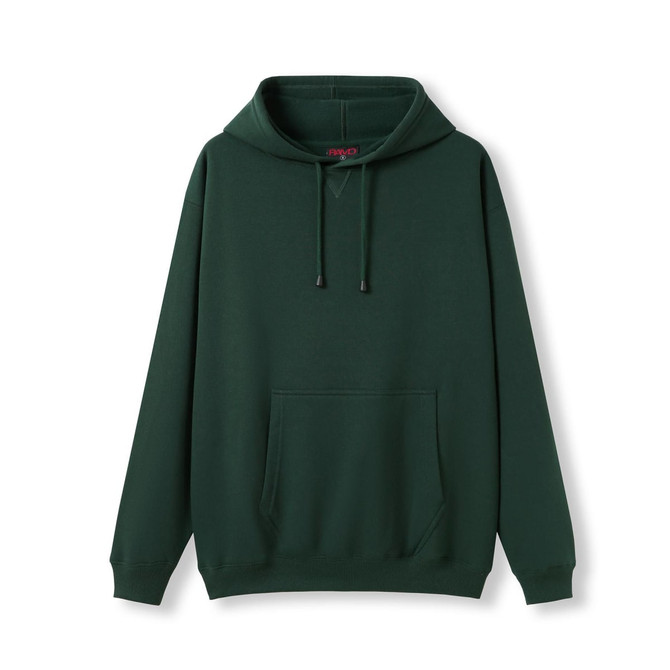 A dark green men's hoodie featuring a kangaroo pocket and drawstring hood. Includes a logo on the chest.