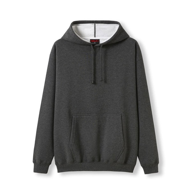 A grey men's hoodie featuring a kangaroo pocket and a hood, with a simple design and branding.