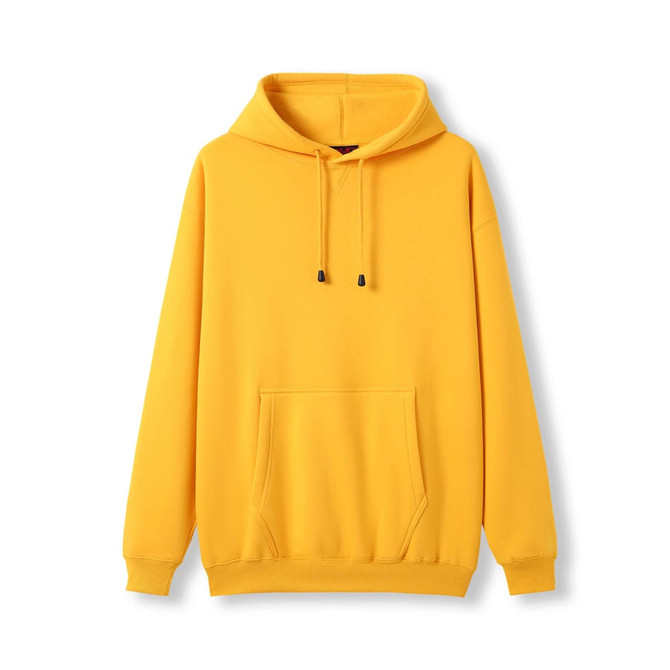 A yellow men's kangaroo pocket hoodie with a hood and drawstrings. Features one large front pocket and has a logo.
