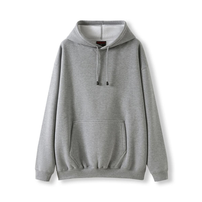 A grey kangaroo pocket hoodie with a drawstring hood and ribbed cuffs. It features a logo at the front.