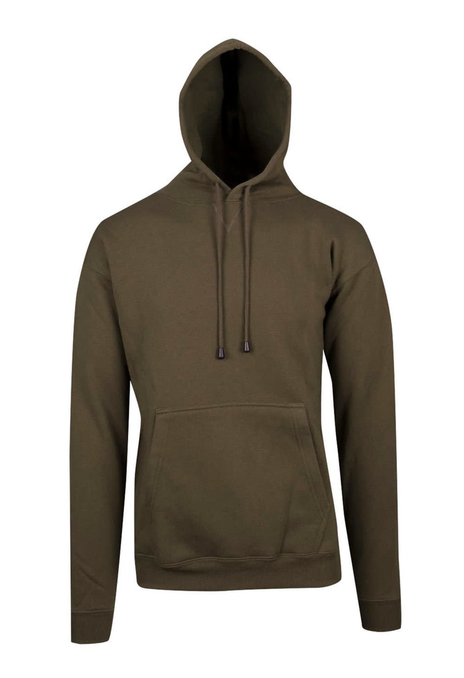 An olive green men's hoodie with a kangaroo pocket and a drawstring hood, featuring a logo on the chest.