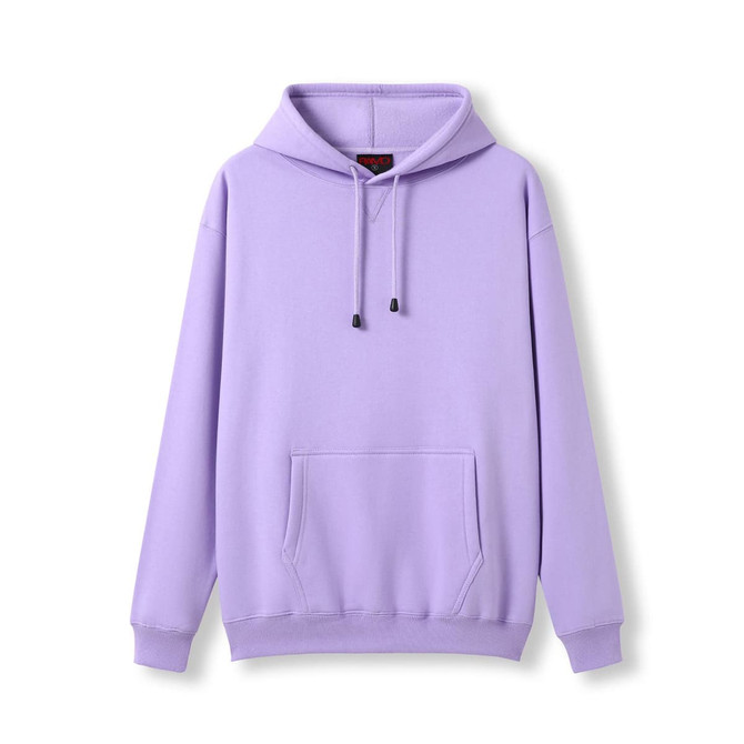 A lavender kangaroo pocket hoodie with a hood and drawstrings, featuring a logo on the front.