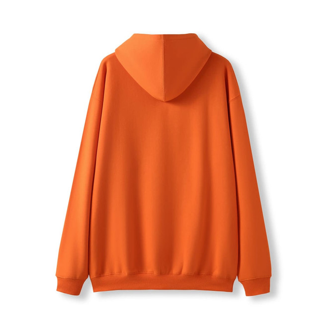 A bright orange hooded jumper with a kangaroo pocket and a plain back. It features a logo on the design.