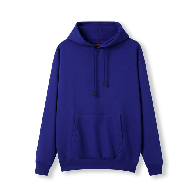 A purple men's kangaroo pocket hoodie with a drawstring hood and long sleeves. It features a front pouch pocket and has a logo.