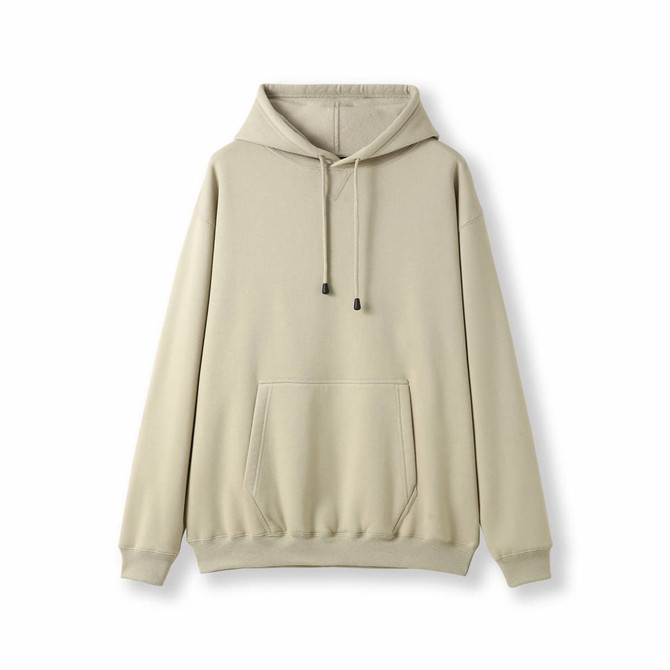 A light khaki men's hoodie featuring a kangaroo pocket and a drawstring hood, with a logo present.