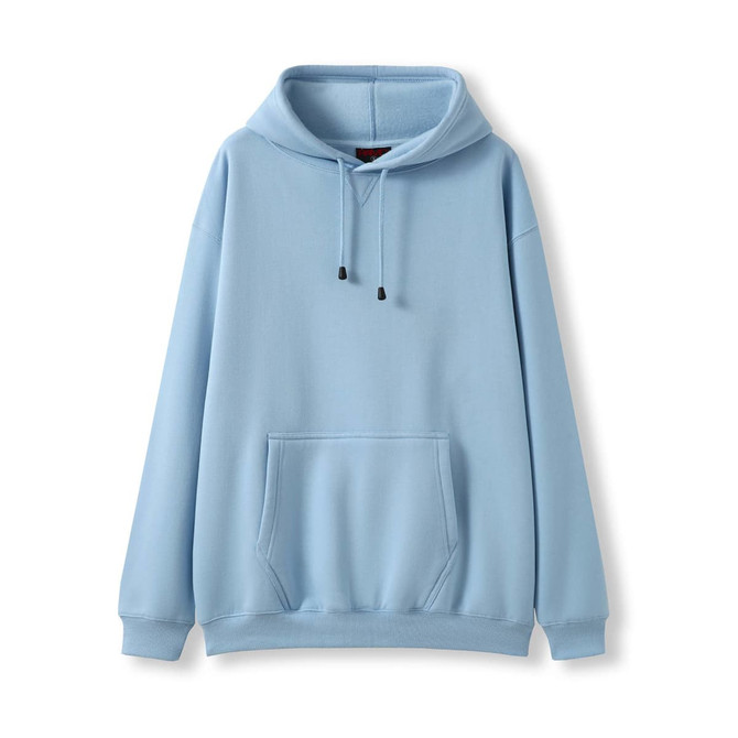 A light blue men's hoodie with a kangaroo pocket and a drawstring hood, featuring a logo.