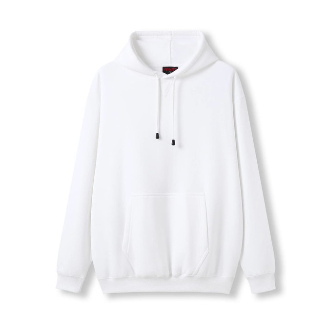 A white kangaroo pocket hoodie with a hood and drawstrings, featuring a logo.