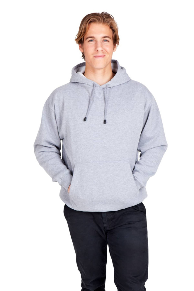 A light grey men's hoodie with a kangaroo pocket, worn by a young man standing casually.
