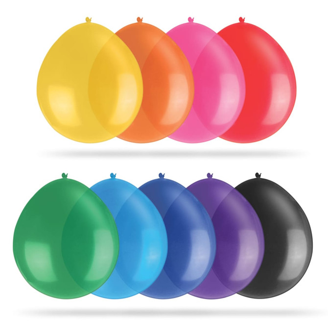 A collection of 30cm balloons in yellow, orange, pink, red, green, blue, purple, and black. Features a logo.