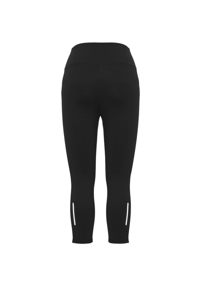 Black women's 3/4 leggings featuring a form-fitting design and reflective details on the lower legs.