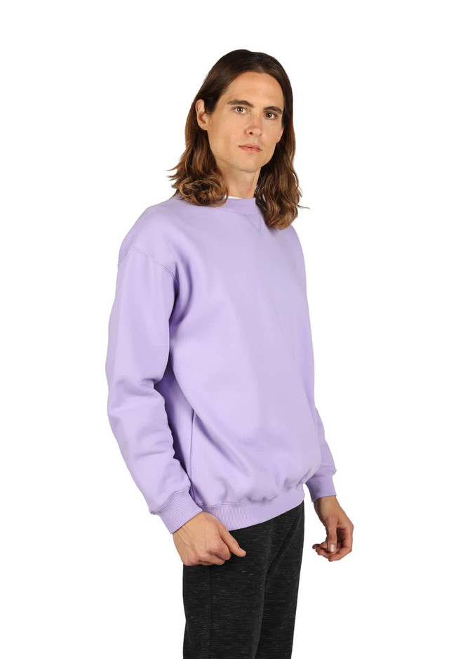 A lilac adult poly cotton fleece jumper with a crew neck and ribbed cuffs. It features a logo on the front.
