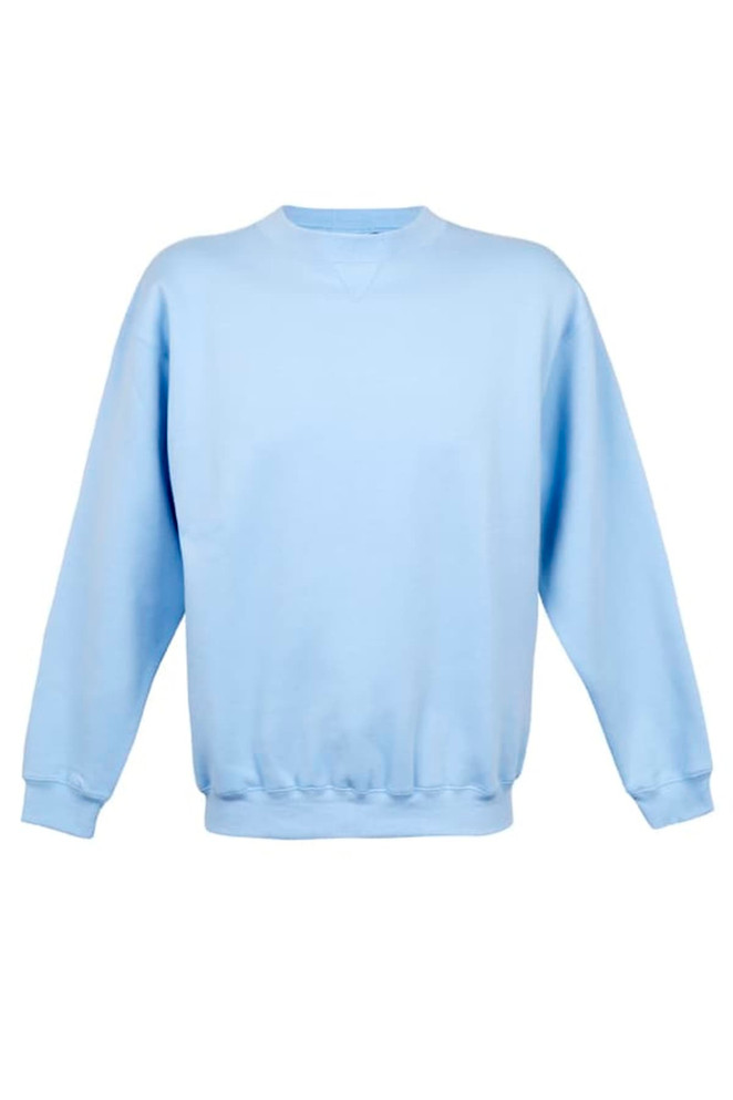 A light blue adult poly cotton fleece jumper with a crew neck and long sleeves. It features a logo.