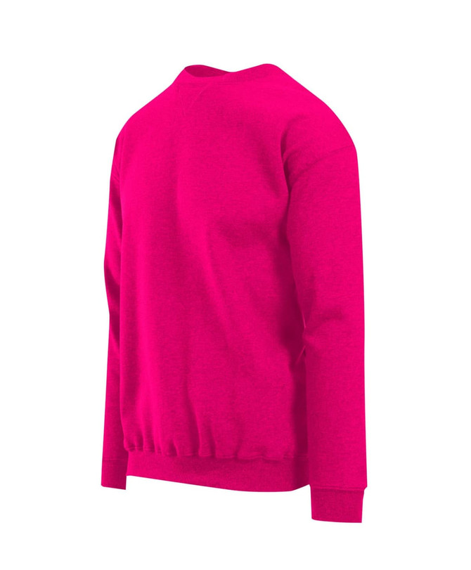 A bright pink adult poly cotton fleece jumper with a simple design and ribbed waistband. Features a logo.