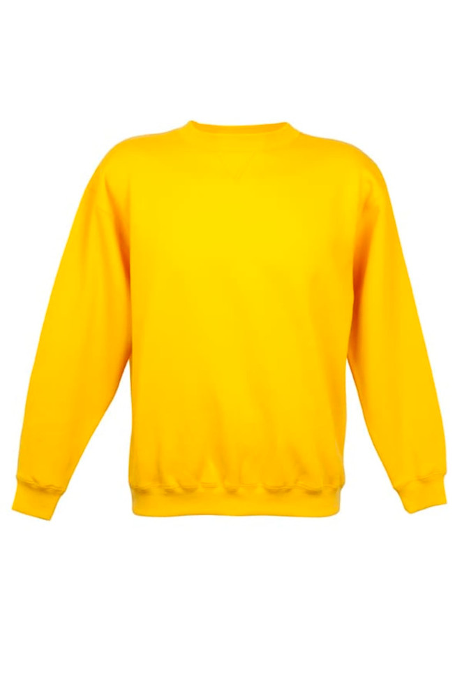 A yellow poly cotton fleece jumper with long sleeves and a round neckline, featuring a logo.