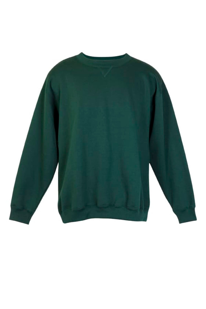 A green adult poly cotton fleece sloppy joe jumper featuring long sleeves and a round neckline.