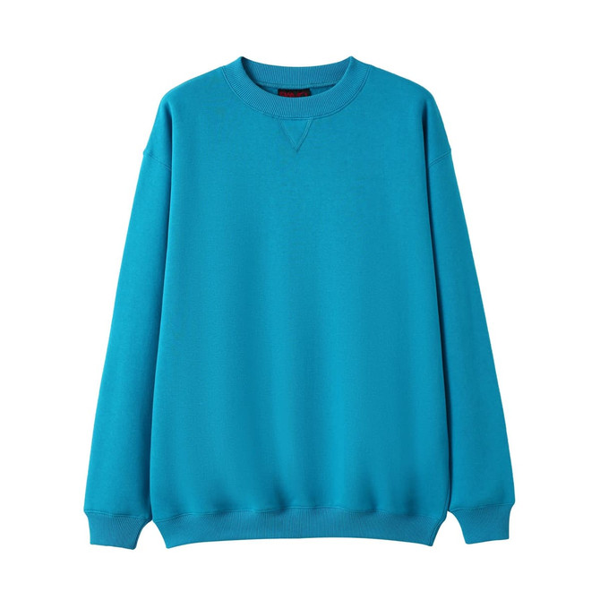 A turquoise adult poly cotton fleece jumper with a round neck and long sleeves. It has a branding logo.