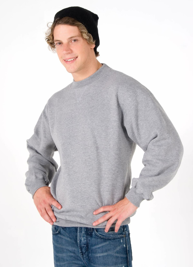 A grey adult poly cotton fleece sloppy joe jumper, displayed on a model wearing a beanie and jeans.