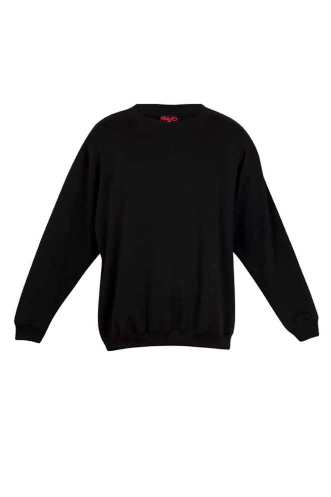 A black poly cotton fleece sloppy joe with a loose fit design and long sleeves. It features a logo on the collar.