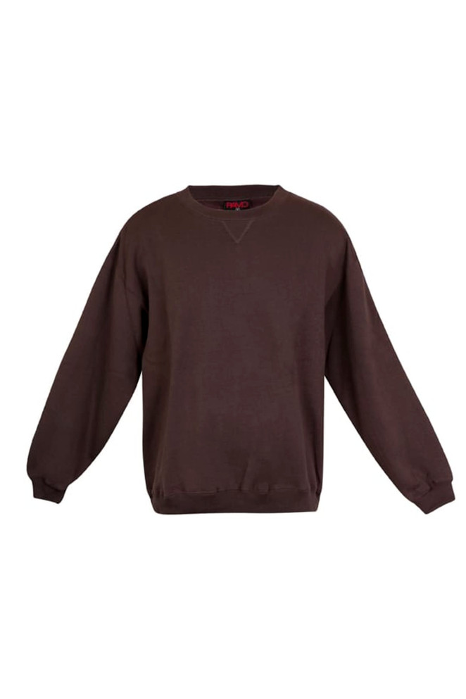 A brown adult poly cotton fleece sloppy joe jumper with long sleeves and a crew neck. It has a logo on the tag.