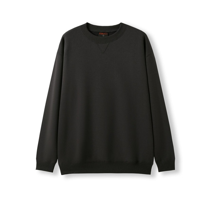 A black poly cotton fleece jumper with a crew neckline and long sleeves. Features a logo on the label.