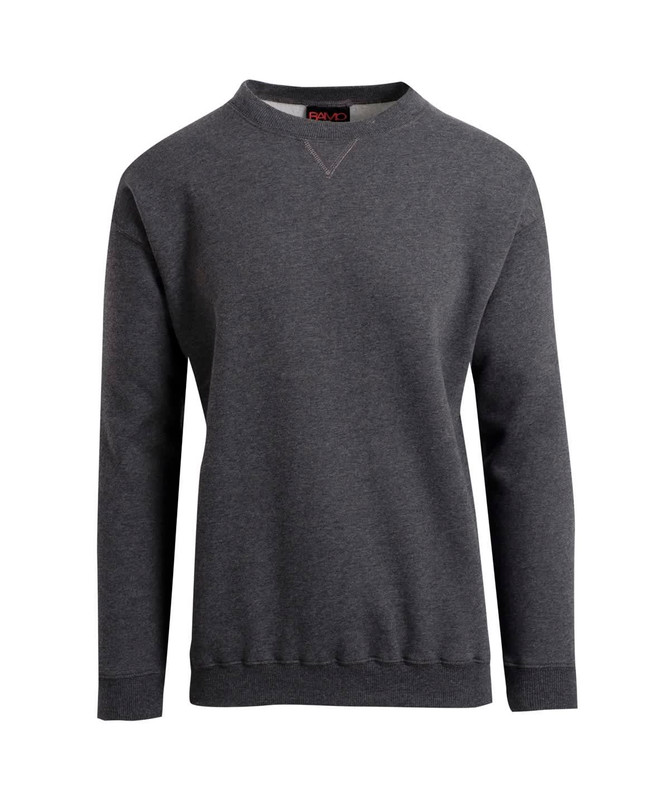 A grey adult poly cotton fleece jumper with a crew neck and long sleeves. Features a branding logo.