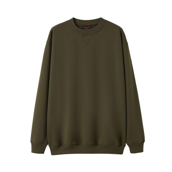 An olive green adult poly cotton fleece jumper with a crew neck and long sleeves. Features a logo on the inside.