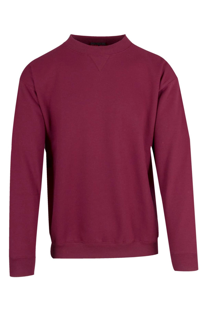 A maroon adult poly-cotton fleece sweater with a crew neckline and long sleeves. Features a logo.
