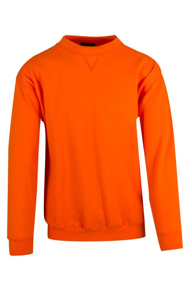 An orange adult poly cotton fleece jumper with long sleeves and a crew neck. It has ribbed cuffs and a hem.