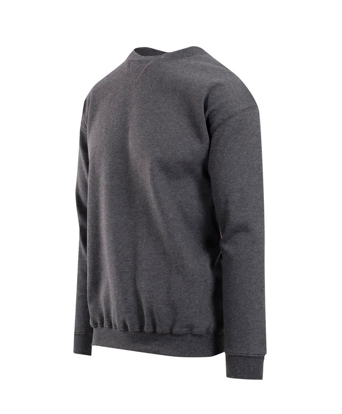 A dark grey adult poly cotton fleece jumper with a classic crew neck and ribbed hem. It features one logo.