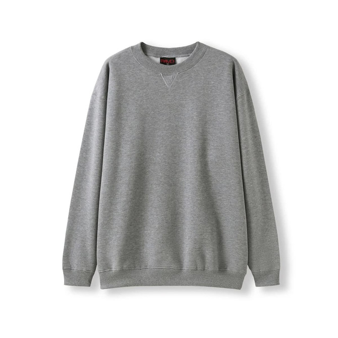 A grey poly cotton fleece jumper with a relaxed fit and ribbed cuffs. Features a logo on the label.