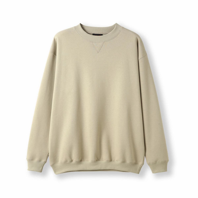 A light khaki adult poly cotton fleece jumper with long sleeves and a crew neckline. It has a logo on it.