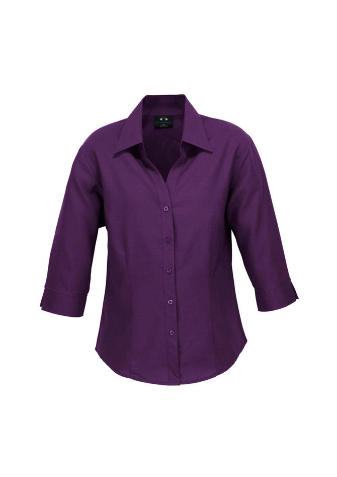 A purple women's 3/4 sleeve shirt with a collar and button-up front, featuring a logo.