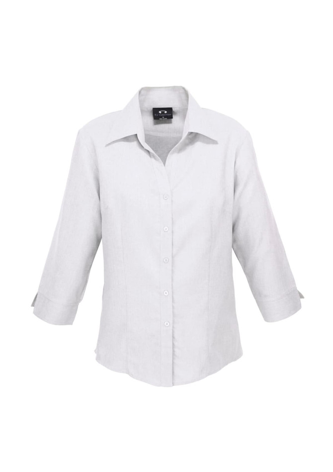 A white women's shirt with 3/4 sleeves and a collared neckline, featuring a logo.