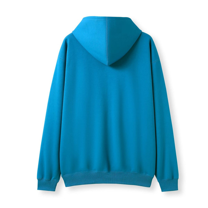 A turquoise men's zip hoodie with a pocket, featuring a hood and long sleeves. It has a simple design with a logo.
