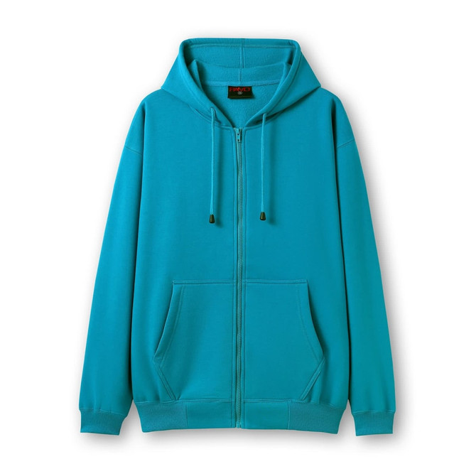 A teal zip hoodie featuring a front pocket and a hood, with drawstrings and a logo.