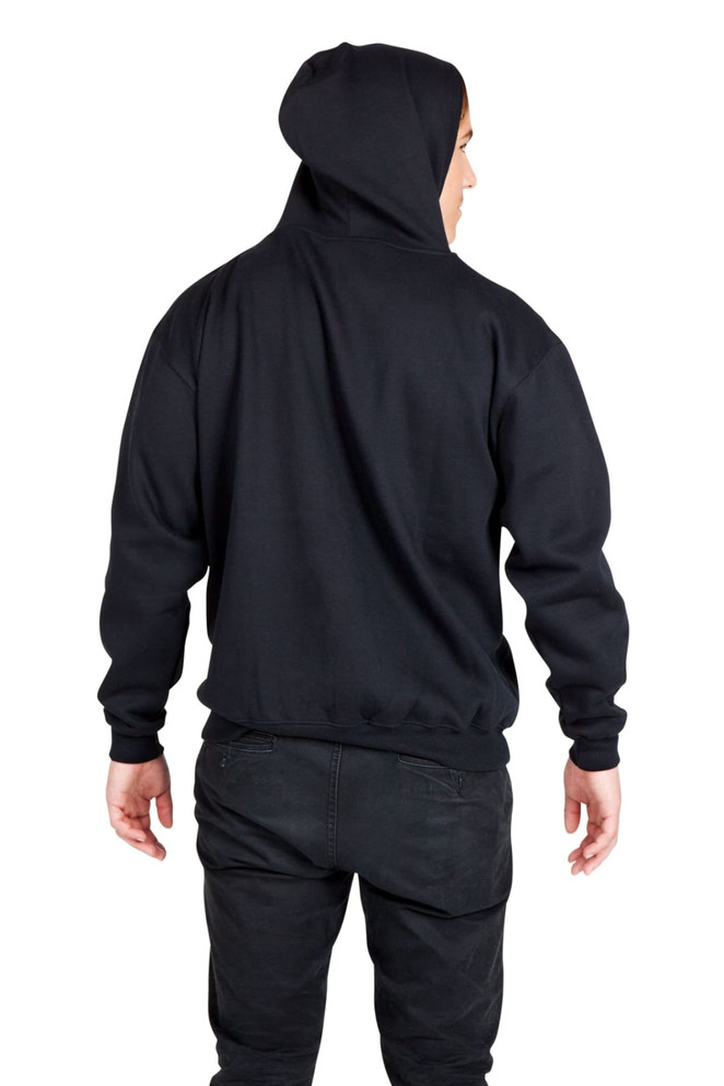 A black men's zip hoodie with a pocket, featuring a hood and a simple design, shown from the back.