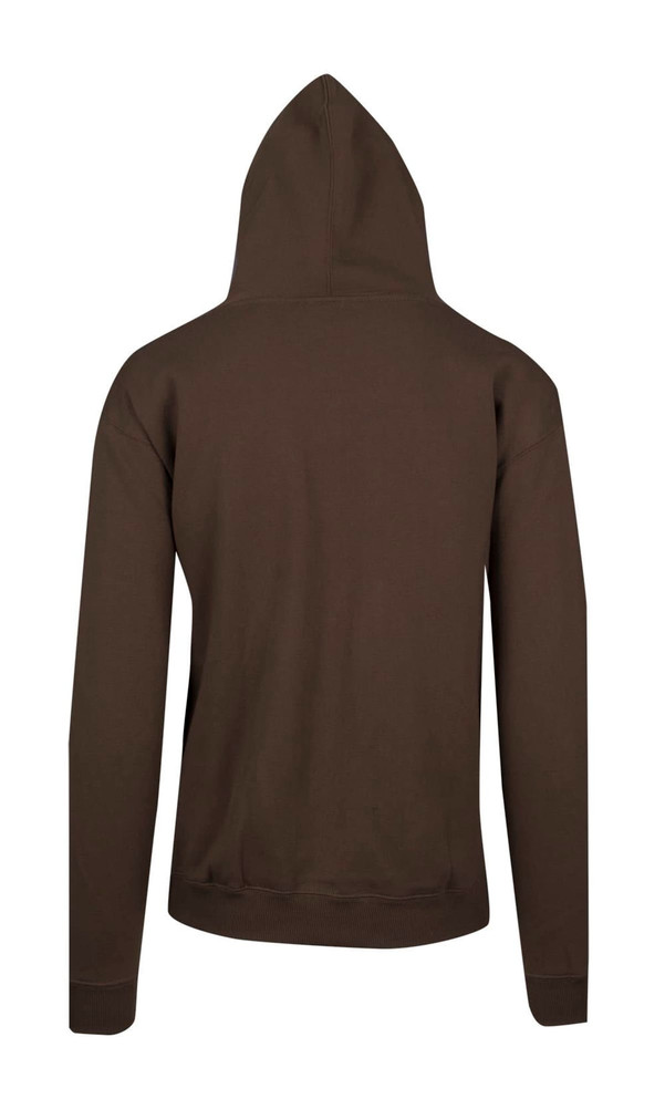 A men's zip hoodie in a dark olive green colour, featuring a back view with a hood. It has a logo on the garment.