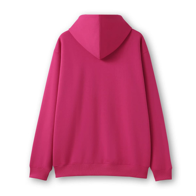 A pink men's zip hoodie with a pocket, featuring a hood and long sleeves, displayed from the back.