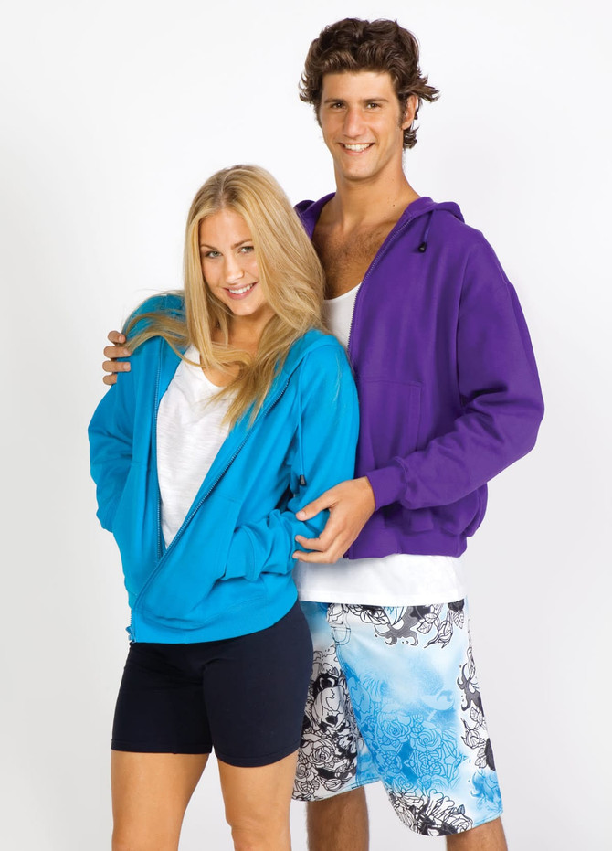 A blue zip hoodie and a purple zip hoodie on models, featuring front pockets and hoods. Both hoodies have branding.