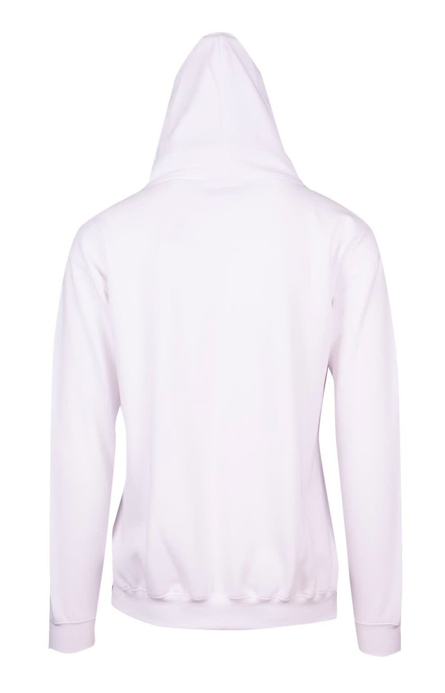 A white men's zip hoodie with a pocket, featuring a plain back view and a hood.