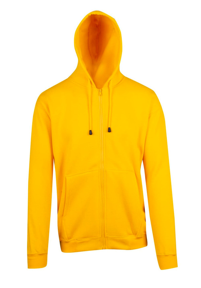 A bright yellow men's zip hoodie with a front pocket and a hood, featuring a logo on the chest.