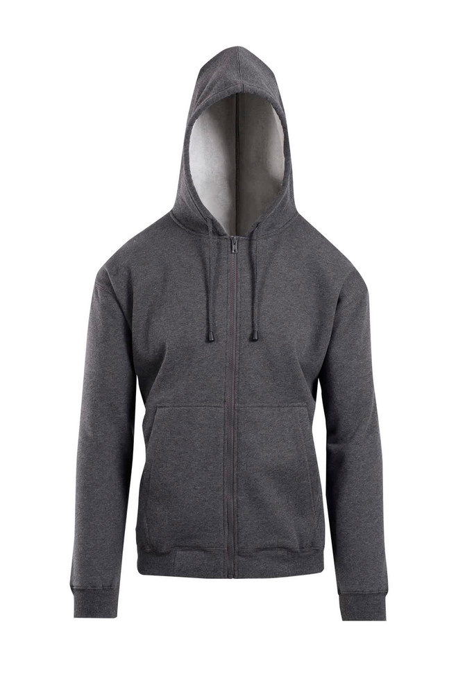 A grey zip hoodie with a pocket, featuring a hood and long sleeves. It has a logo on the front.
