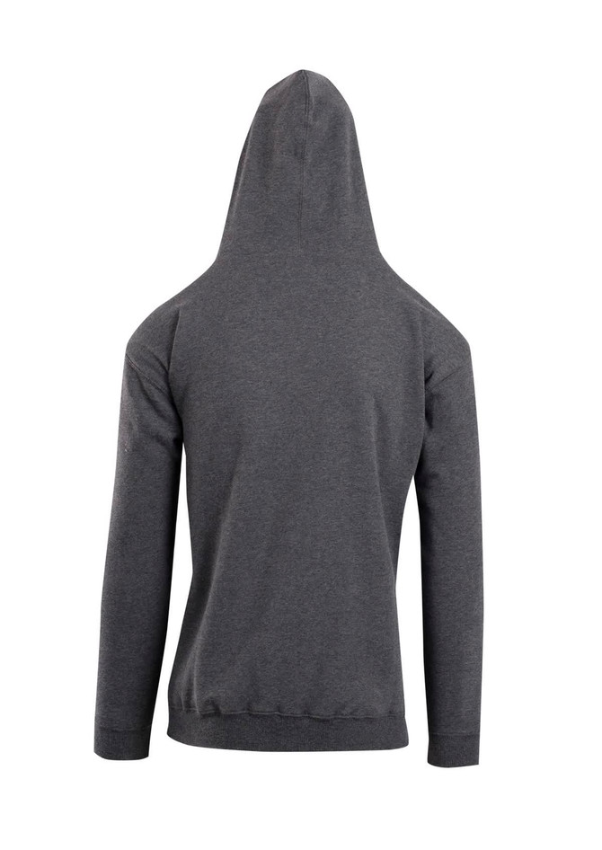 A grey men's zip hoodie featuring a hood and a pocket, displayed from the back.